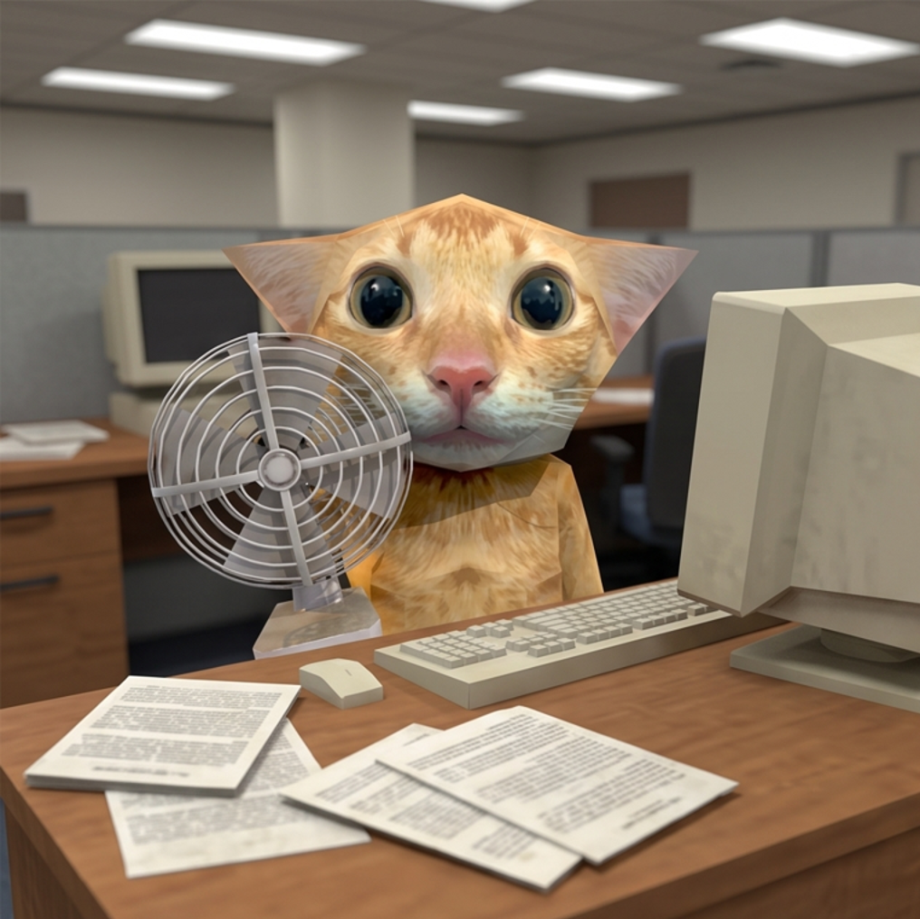 catwiffan at the office with his fan